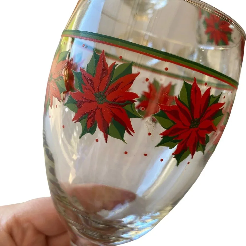Vintage Libbey Christmas poinsettia glasses goblets wine water flower dinnerware